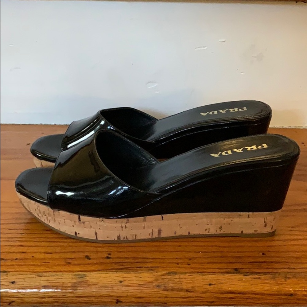 Prada Black Patent Leather Cork Wedge Sandals